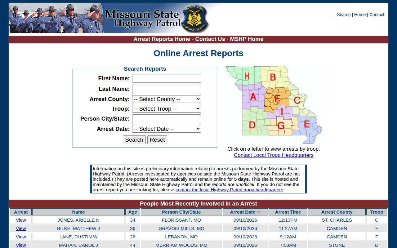 Missouri State Highway Patrol arrest report search for Pike County