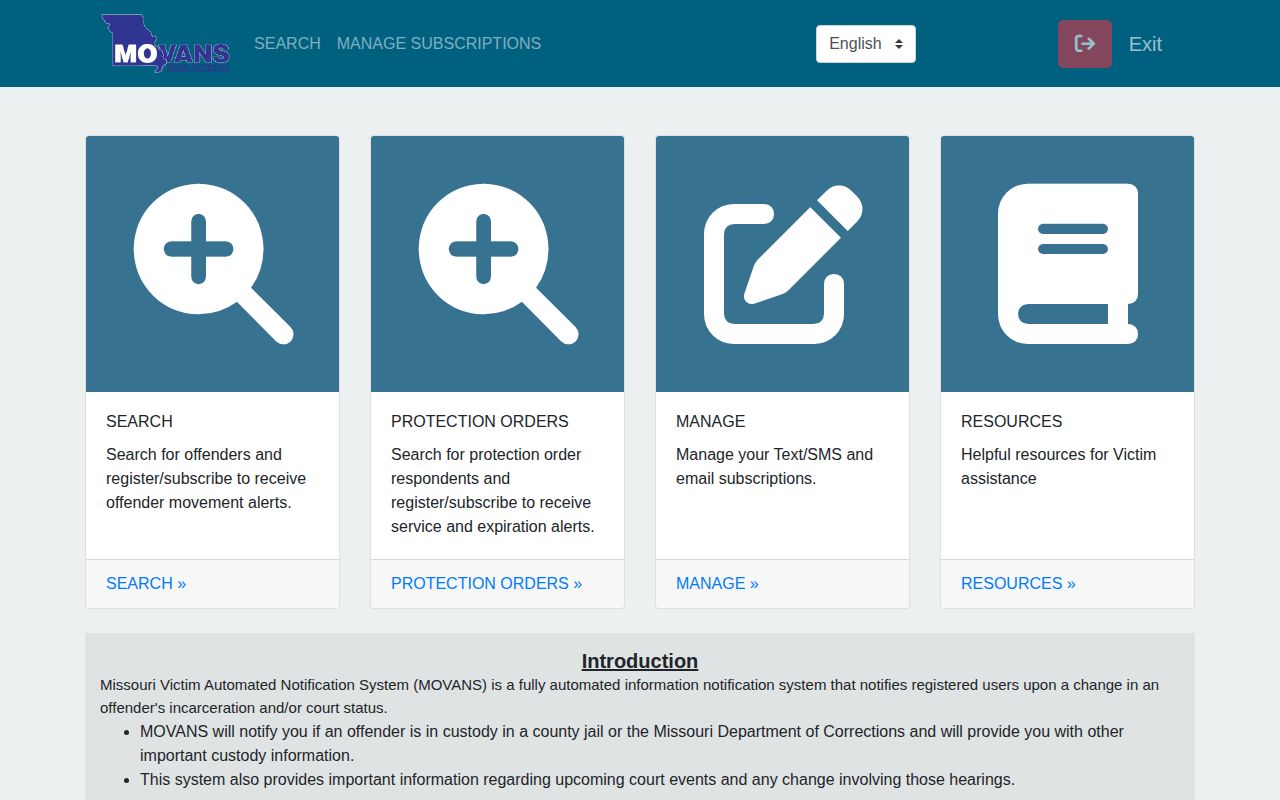 Missouri MOVANS custody and court notification portal