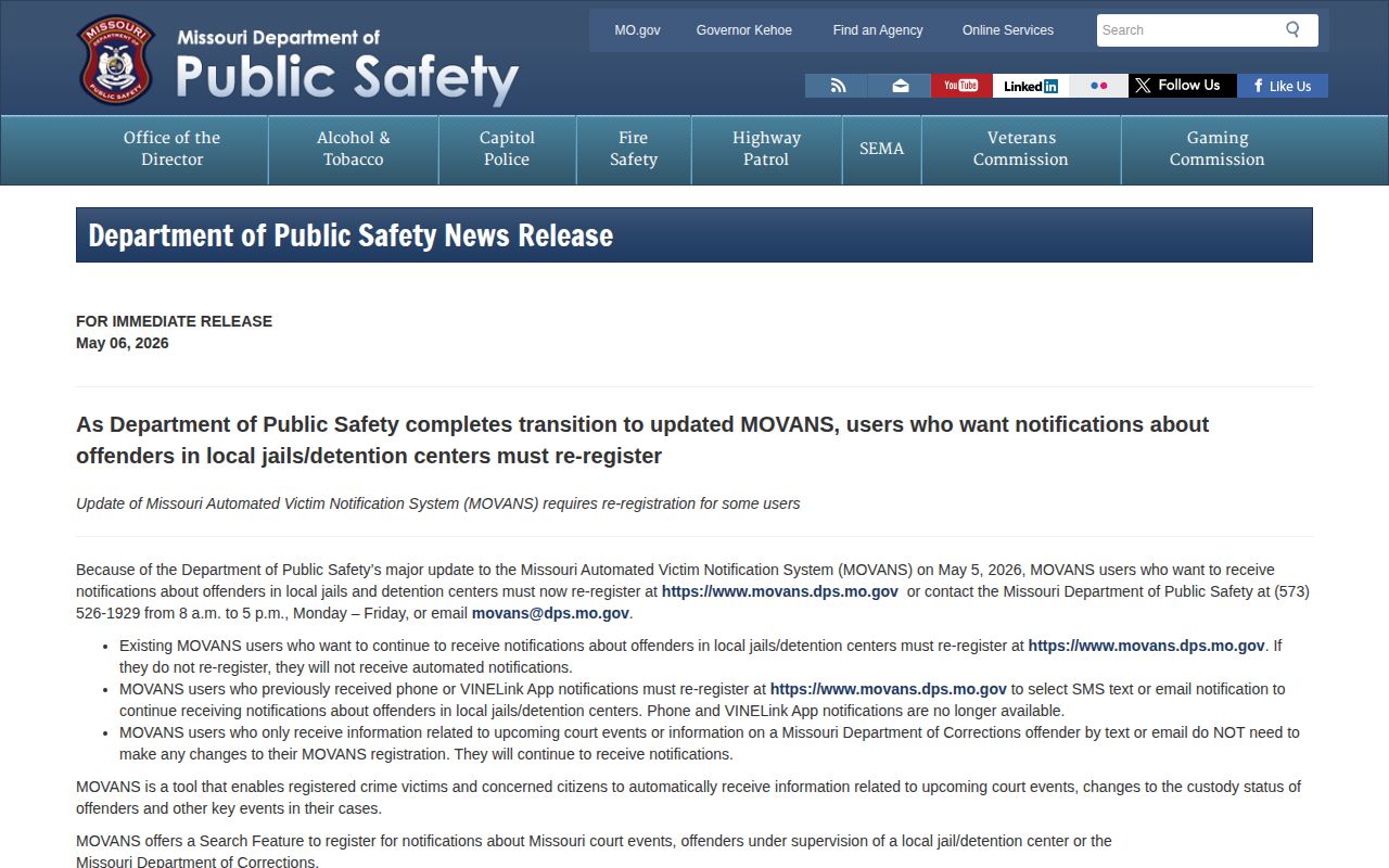 Missouri DPS MOVANS local jail notification transition notice